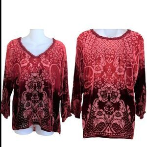Sundance Velvet Burnout Sentimental Mood Silk Blend L/S Top Burgundy Ombre NWOT